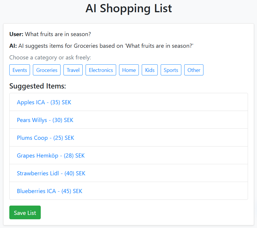 AI assistant helping create a shopping list